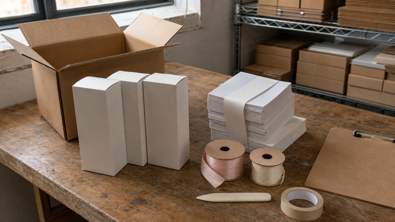 Stockroom bench with an opened brown master carton, plain retail boxes lifted out, blank paper sleeves and ribbon