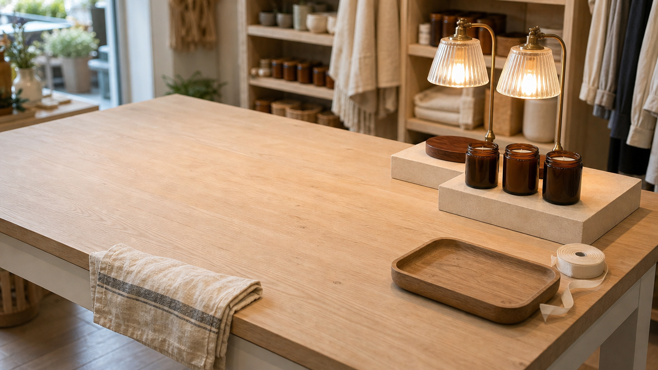 Mid-February shop table half sold down, remaining candle warmer lamps regrouped onto a smaller plinth, props cleared