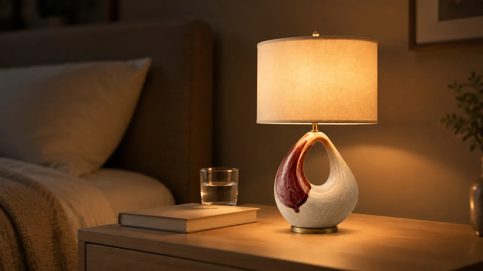 Small warm bedside lamp glowing on a wooden nightstand next to a book and a glass of water