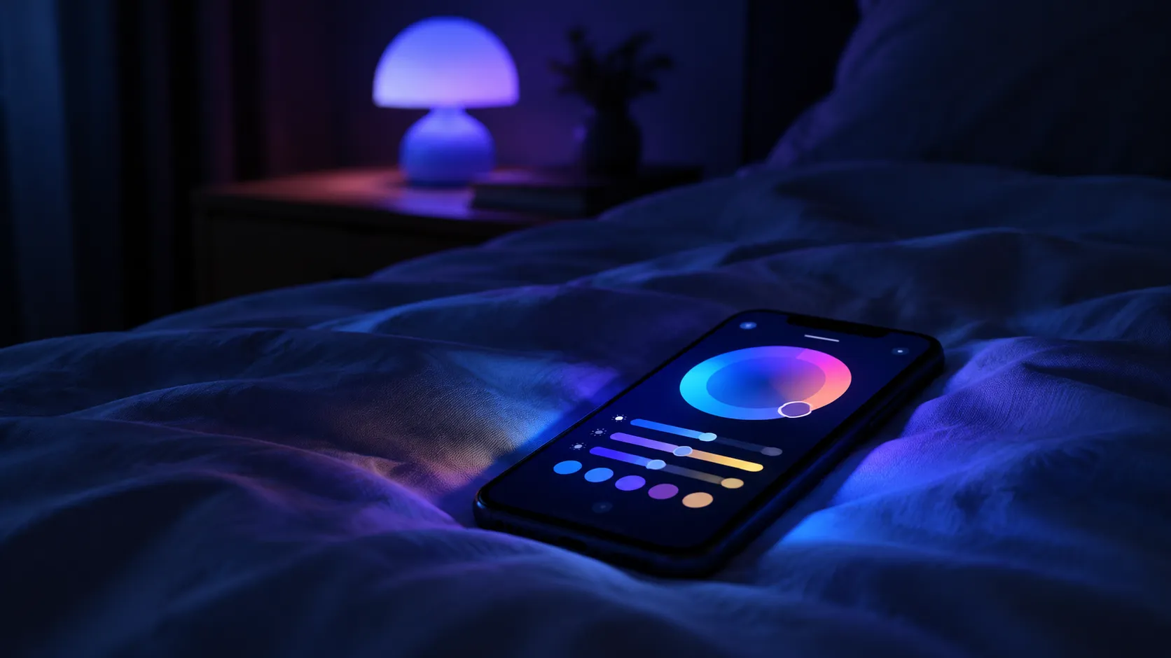 A phone screen showing a lighting control slider held near a softly glowing lamp in a dark room