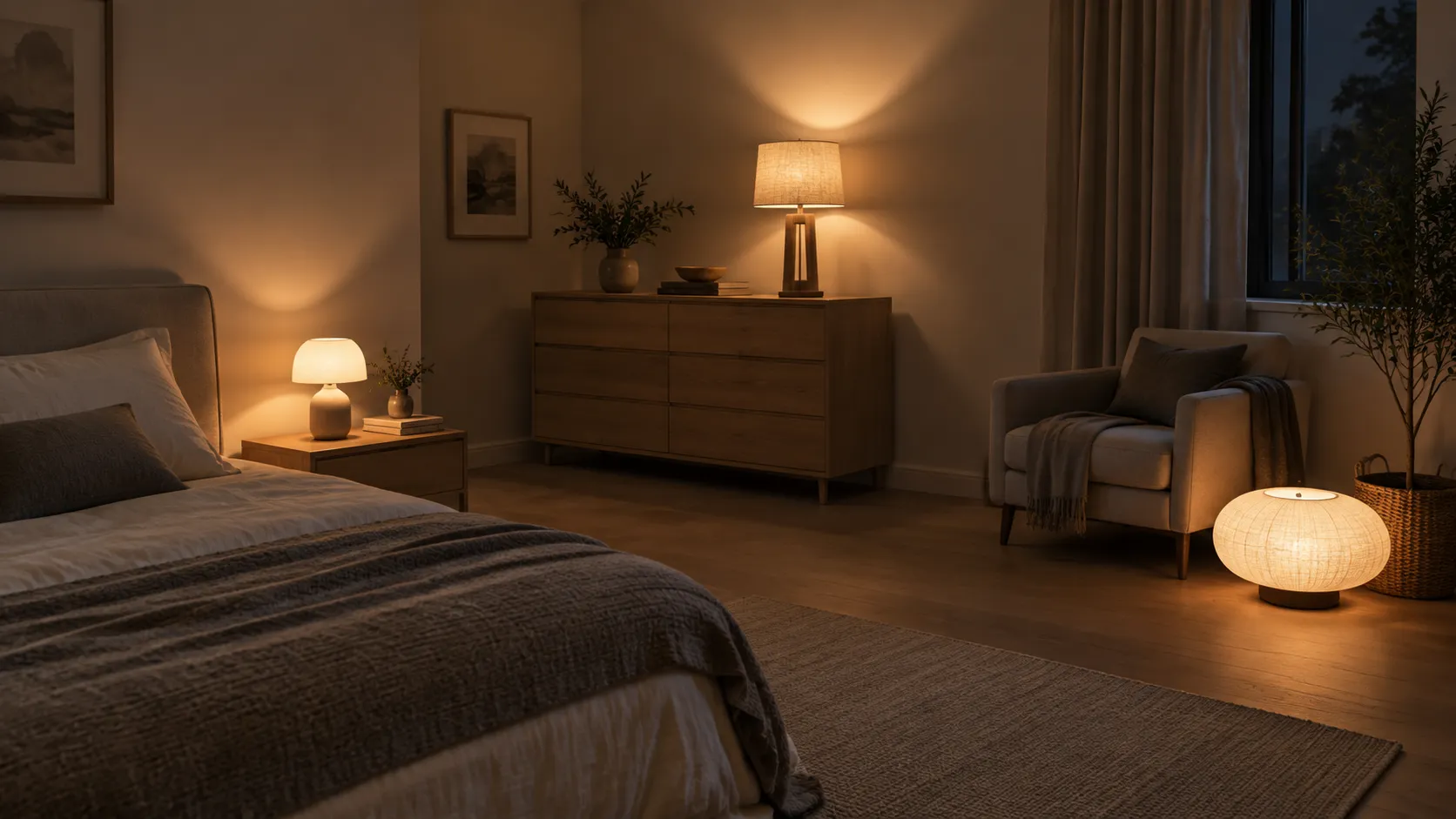 Bedroom corner showing three lamp positions at once: a nightstand, a tall dresser and a low floor corner