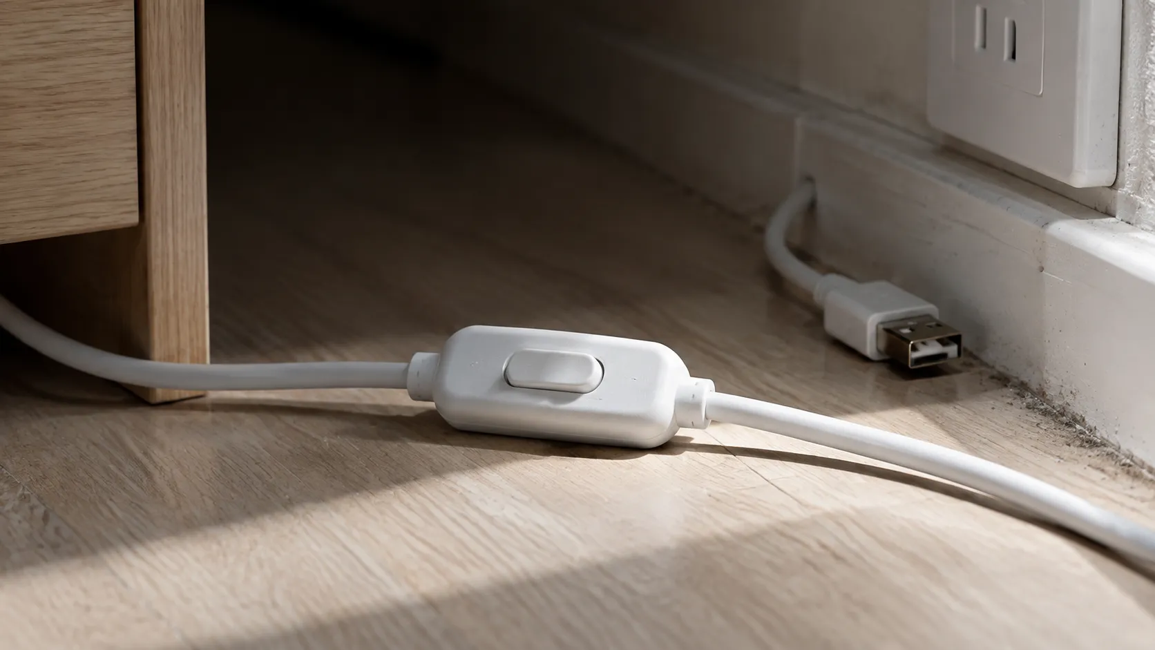 Close-up of a USB lamp cord with an inline rocker switch lying behind a nightstand near a wall outlet