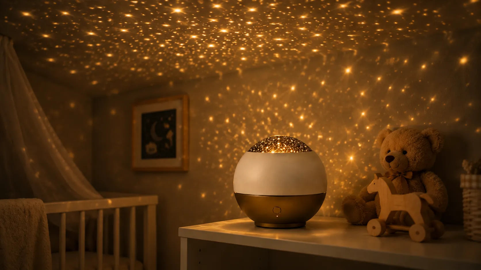 Spherical star projector with a pierced dome top and rounded base standing on a nursery shelf beside a soft toy