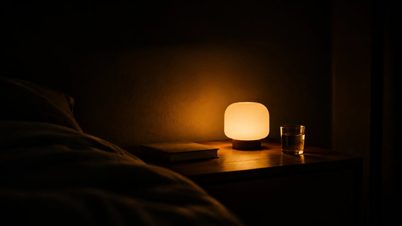 Low warm glow from a small bedside unit in a dark room with the ceiling left almost completely dark