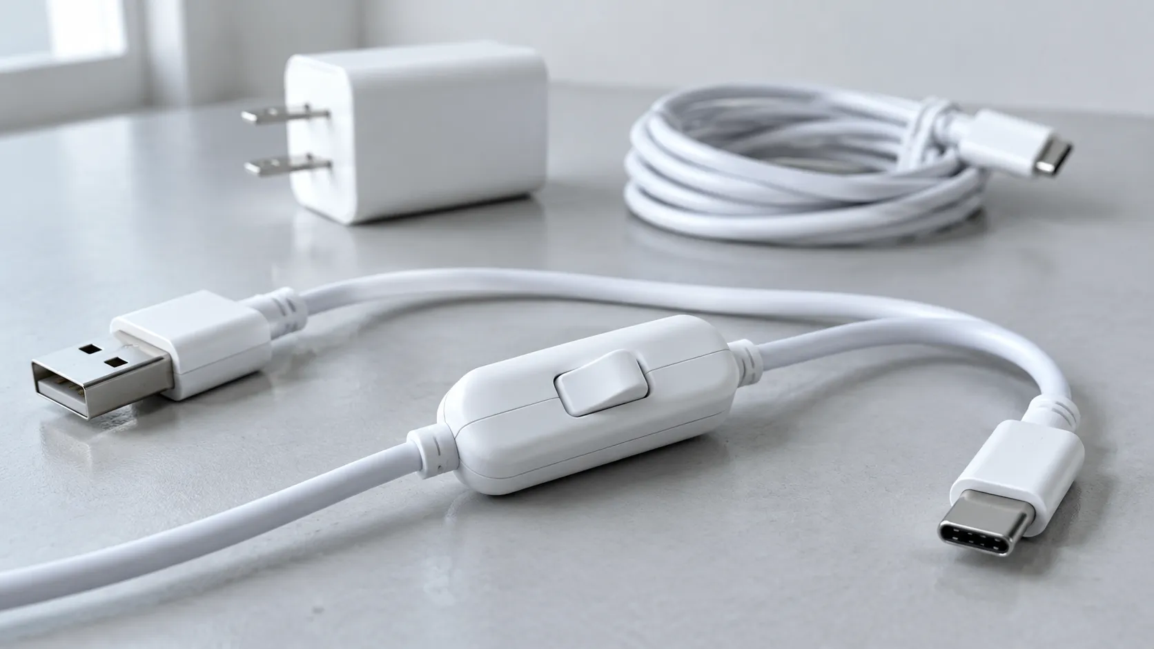 USB lead with an inline switch module lying on a workbench beside a plain wall adapter and a coiled cable