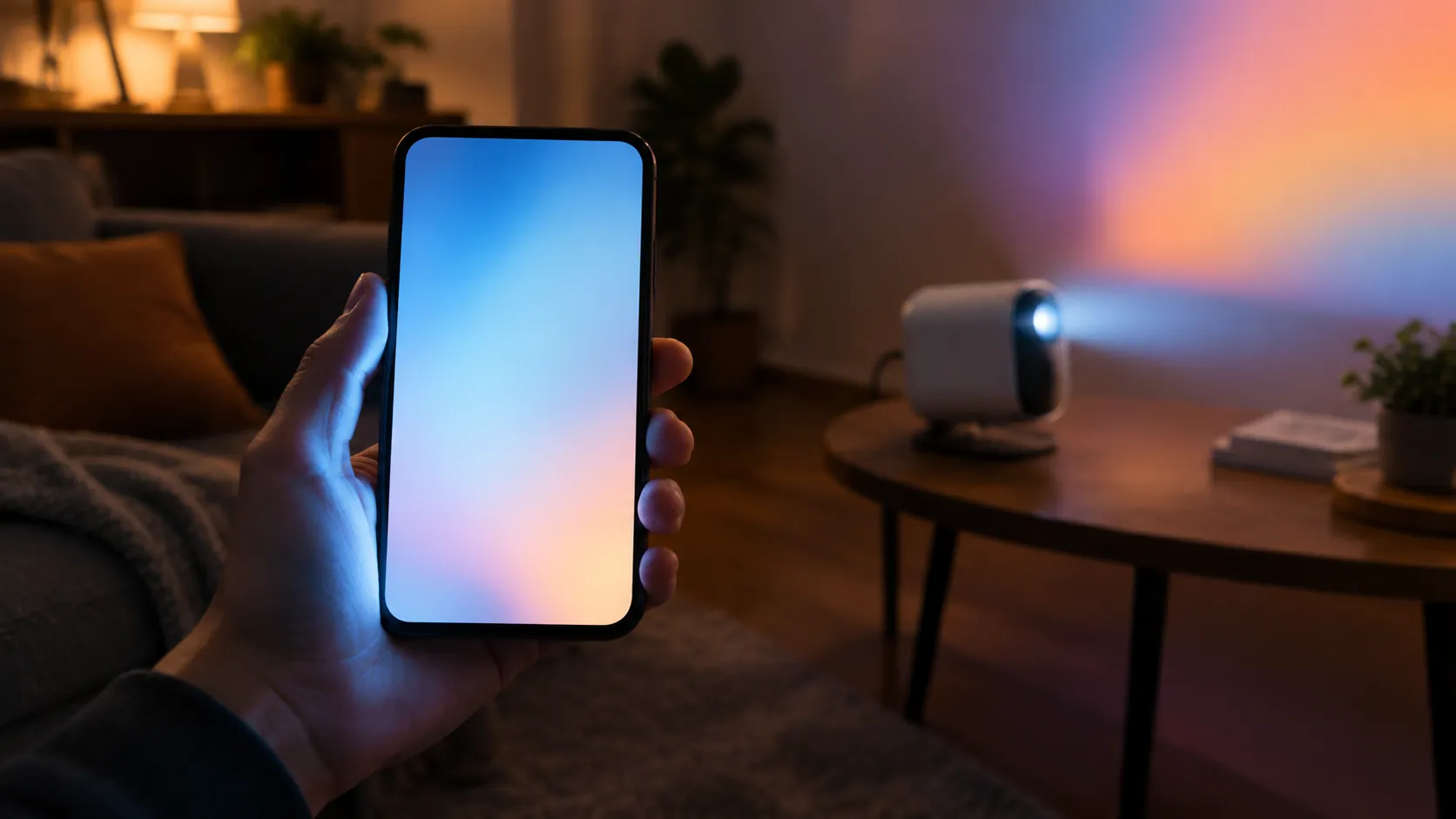 Phone held in a dim room, its blank screen lighting a hand, with a small projector glowing on a side table behind