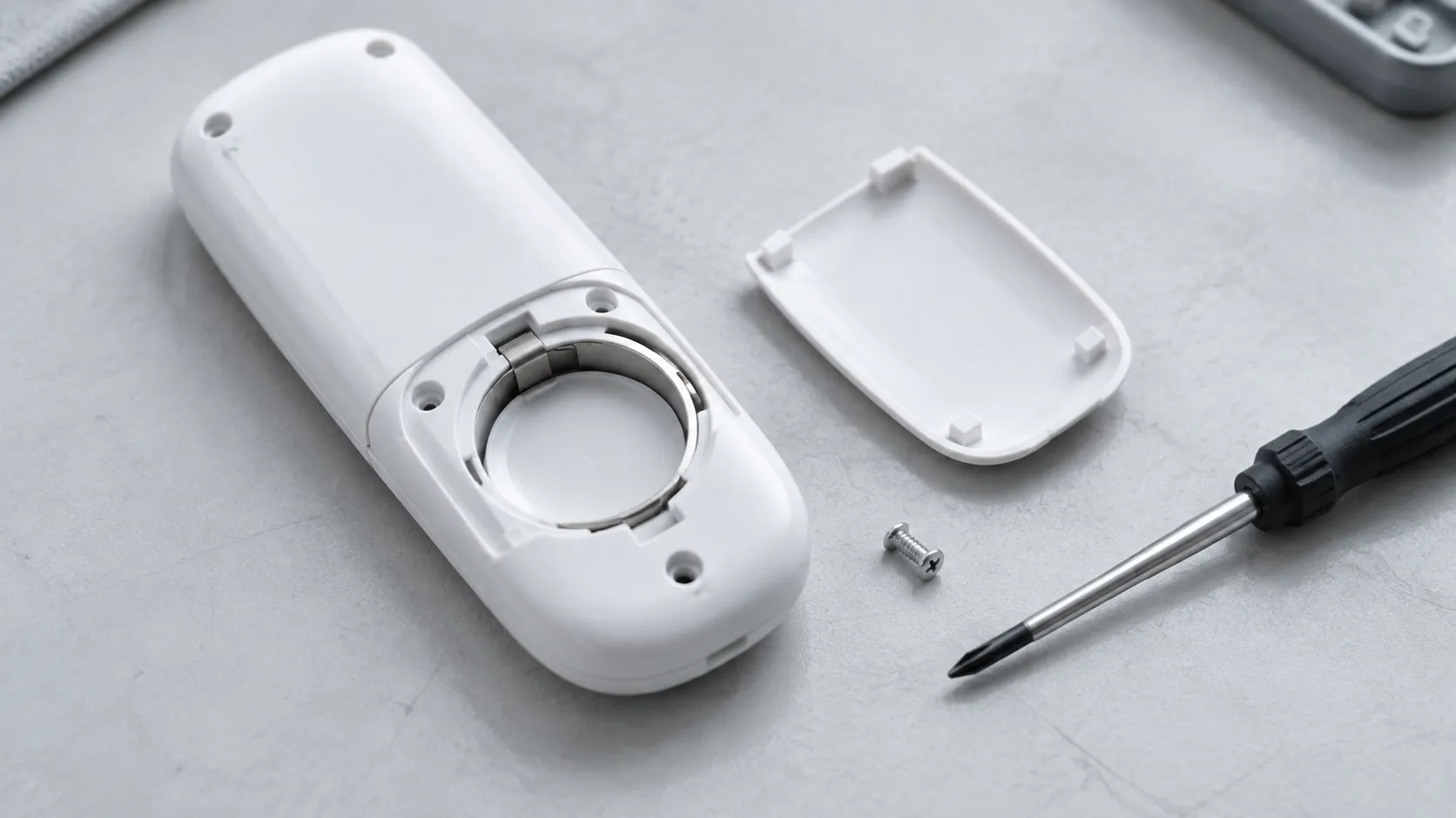 Underside of a small handheld remote with the battery door removed and a screwdriver resting beside the open well