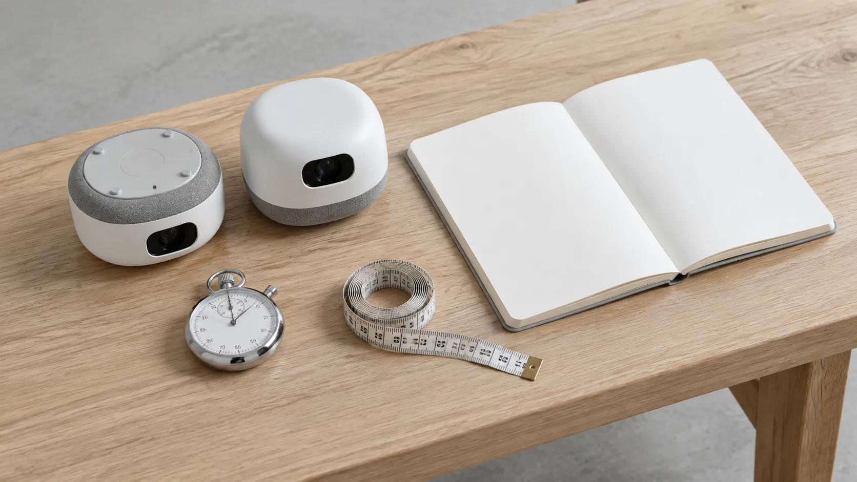 Two projector samples on a wooden bench under daylight beside an open notebook, a stopwatch and a tape measure