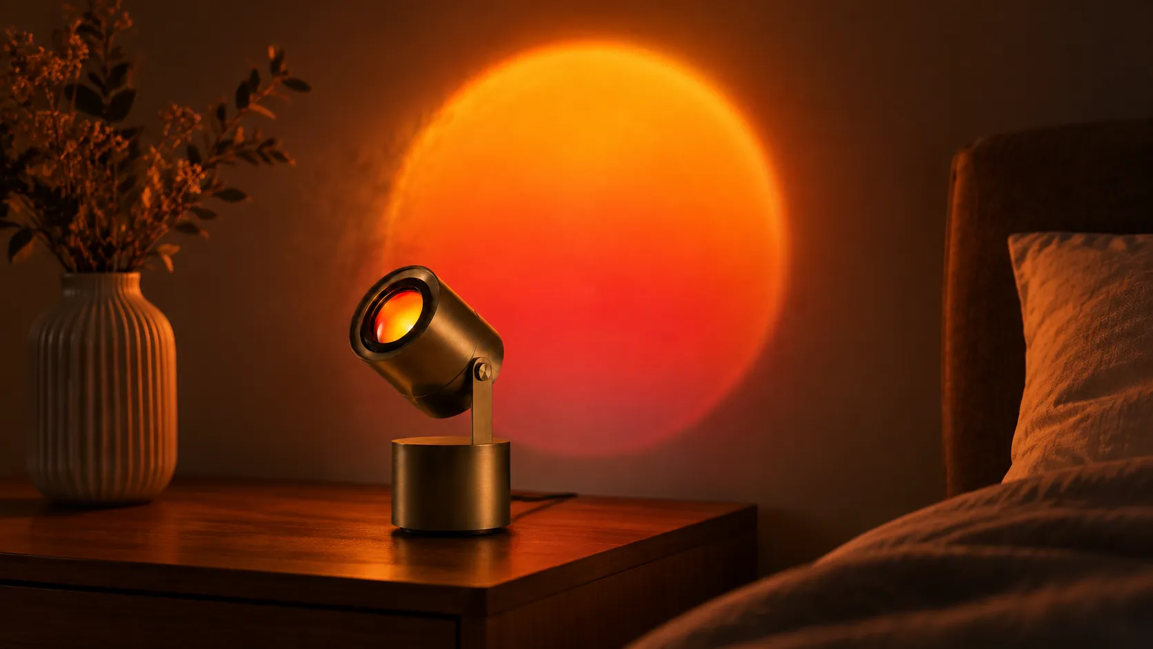 Small brass sunset projection lamp on a bedside table throwing a graded amber disc onto the wall behind it