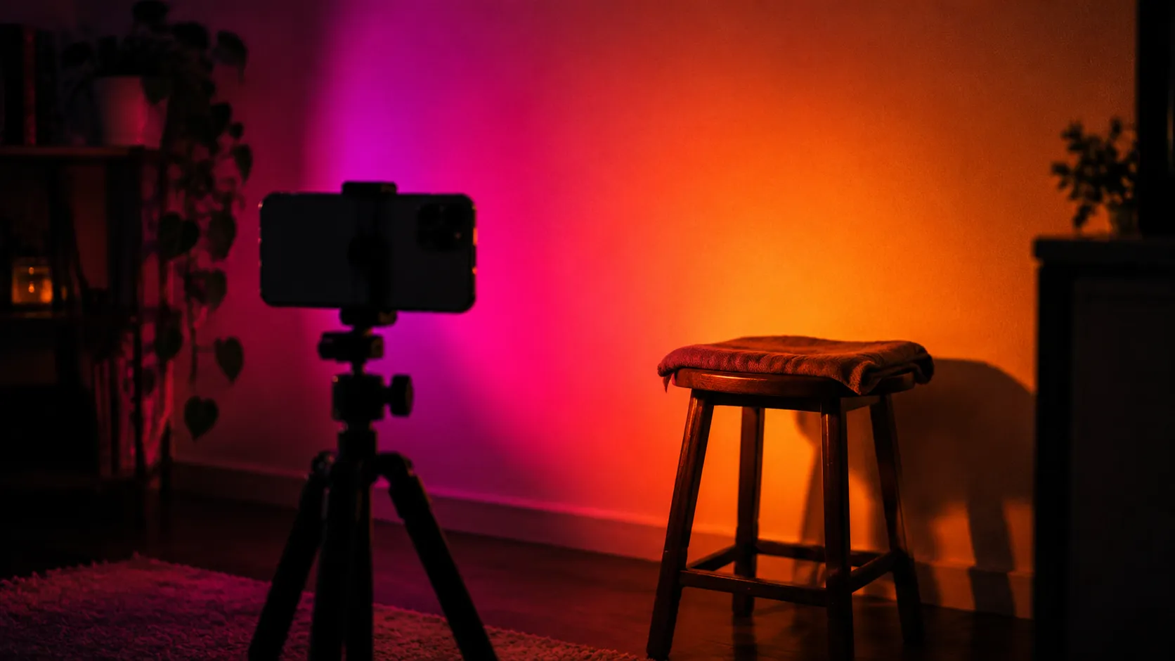 Phone on a tripod facing a wall washed in a magenta to orange gradient on a small creator set at night