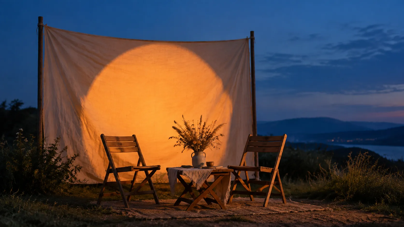 Outdoor evening event corner with a fabric backdrop carrying a warm projected disc and empty folding chairs
