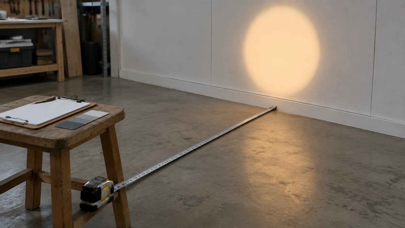 Sample bench with a steel tape measure run to a white wall panel carrying a projected disc and a clipboard