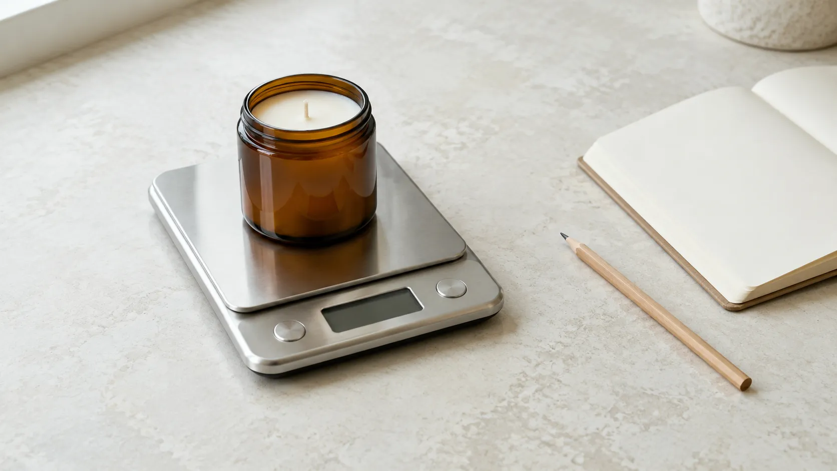Digital kitchen scale holding an unlit amber glass jar candle, open notebook and pencil beside it on a pale counter