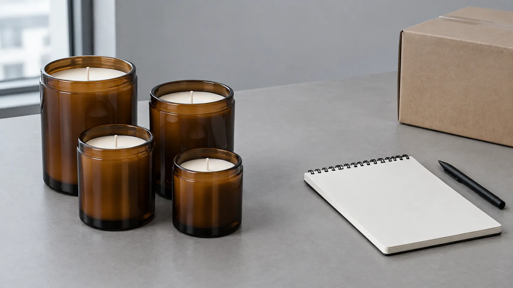Plain unlabelled amber glass candle jars on a wholesale buyer desk beside a blank notepad and a pen
