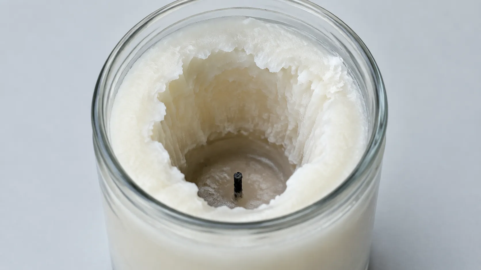 Cold jar candle showing severe tunneling, a narrow shaft down the centre and a thick ring of unmelted wax at the glass