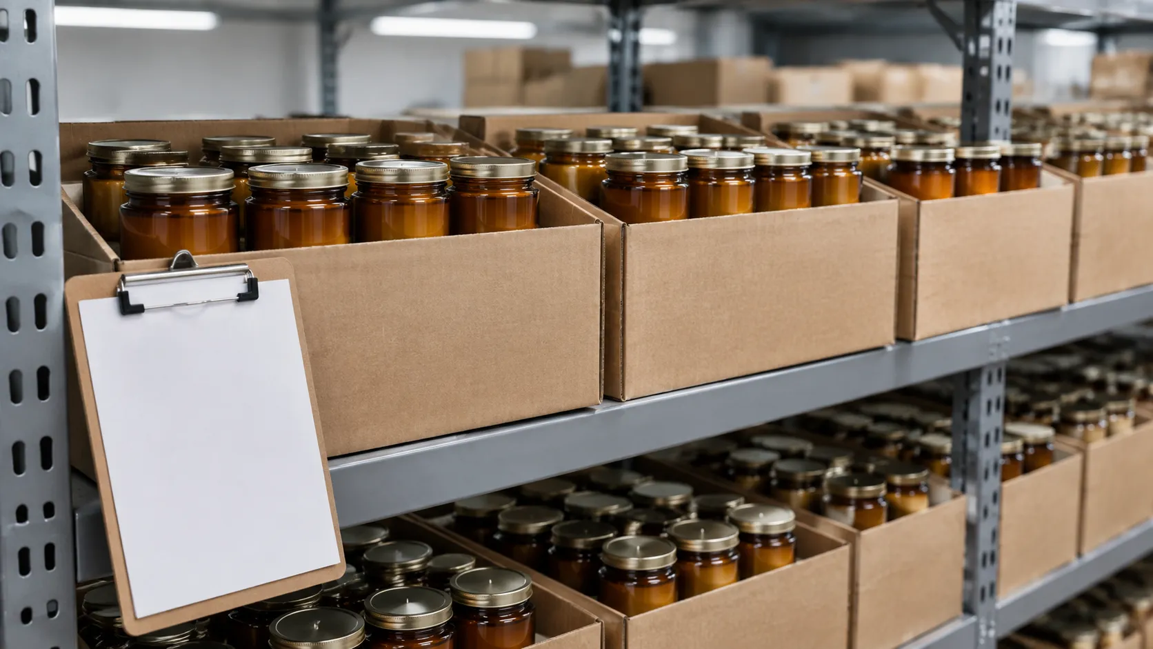 Stockroom shelving filled with rows of unlit glass jar candles in cartons, a clipboard resting on the shelf edge