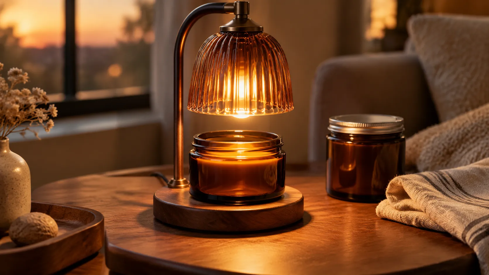 Wickless amber glass soy candle jar under a glass-shade candle warmer lamp on a wood base, wax pooled and glowing
