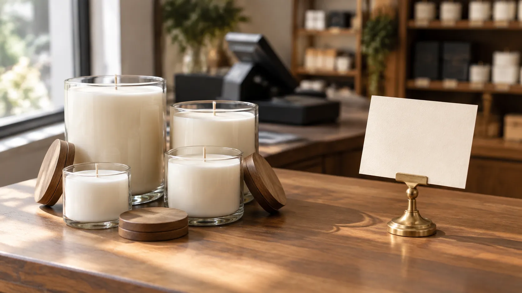 Shop counter display of unlit jar candles with a small blank card holder standing beside them in warm daylight