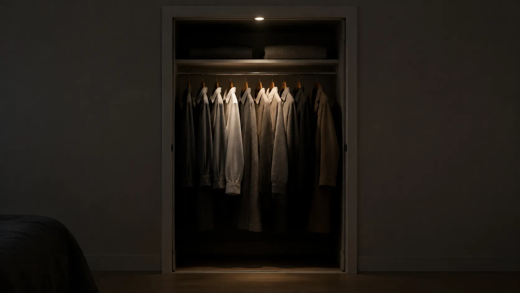 Reach-in closet lit only from the ceiling, tops of hanging garments bright and the lower halves in shadow