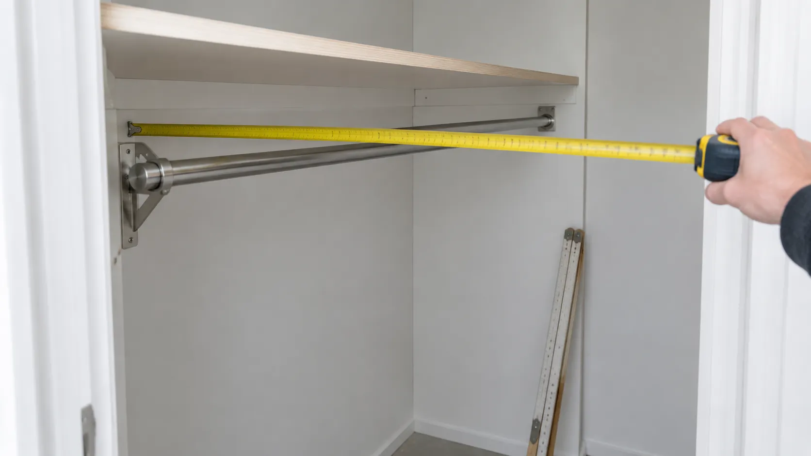 Tape measure held inside a reach-in closet marking the depth from the back wall to the front of the hanging rail