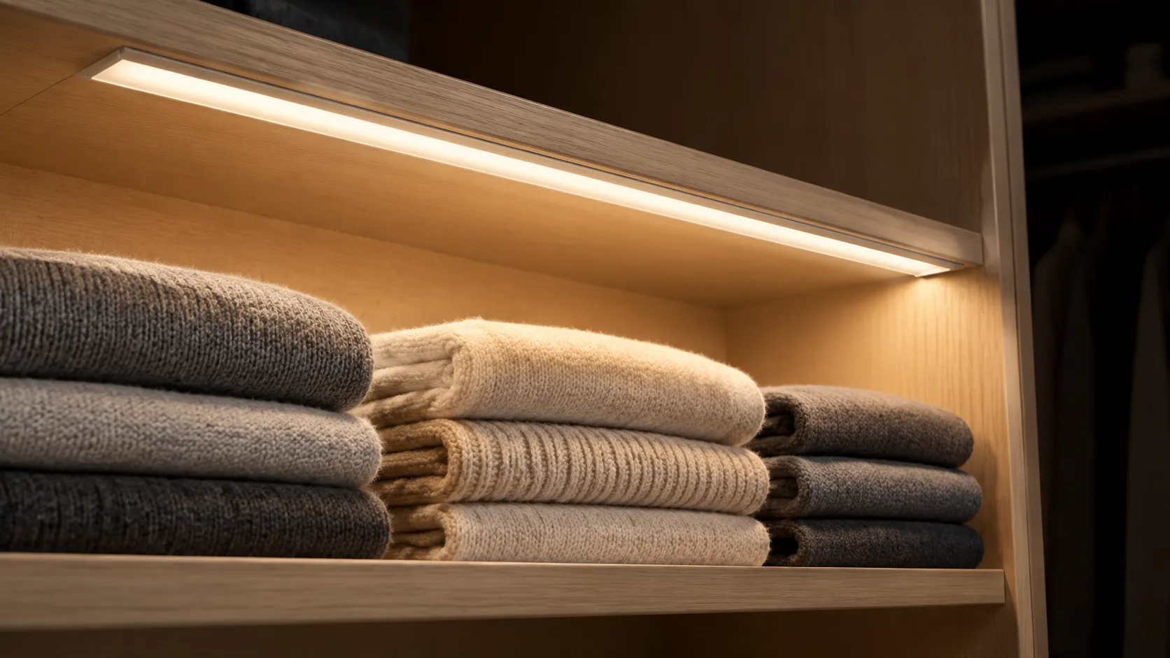 White LED strip in an aluminium channel along the front edge of a wardrobe shelf, lighting folded knitwear below