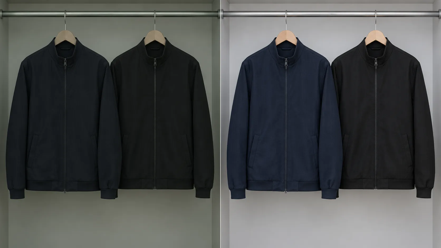 Two dark jackets on a wardrobe rail, one half lit by poor quality light where navy and black look identical