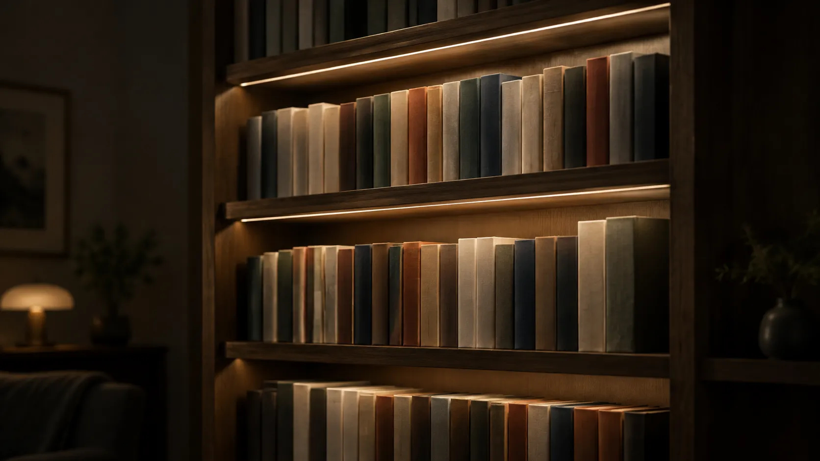 Wooden bookcase with a slim LED strip along the front edge of each shelf lighting the book spines below