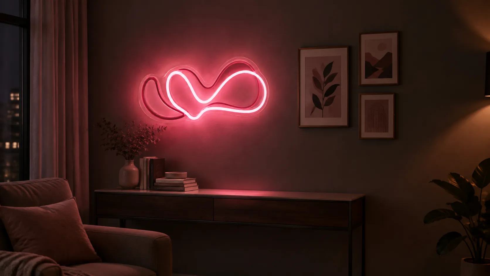 Pink abstract line neon wall light glowing above a console table beside framed prints on a dark gallery wall