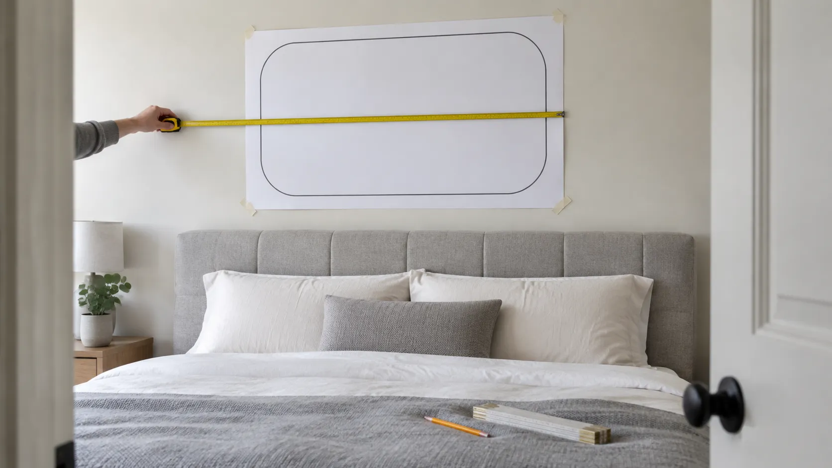 Paper sizing template of a word taped to a bedroom wall above a headboard with a tape measure running across it