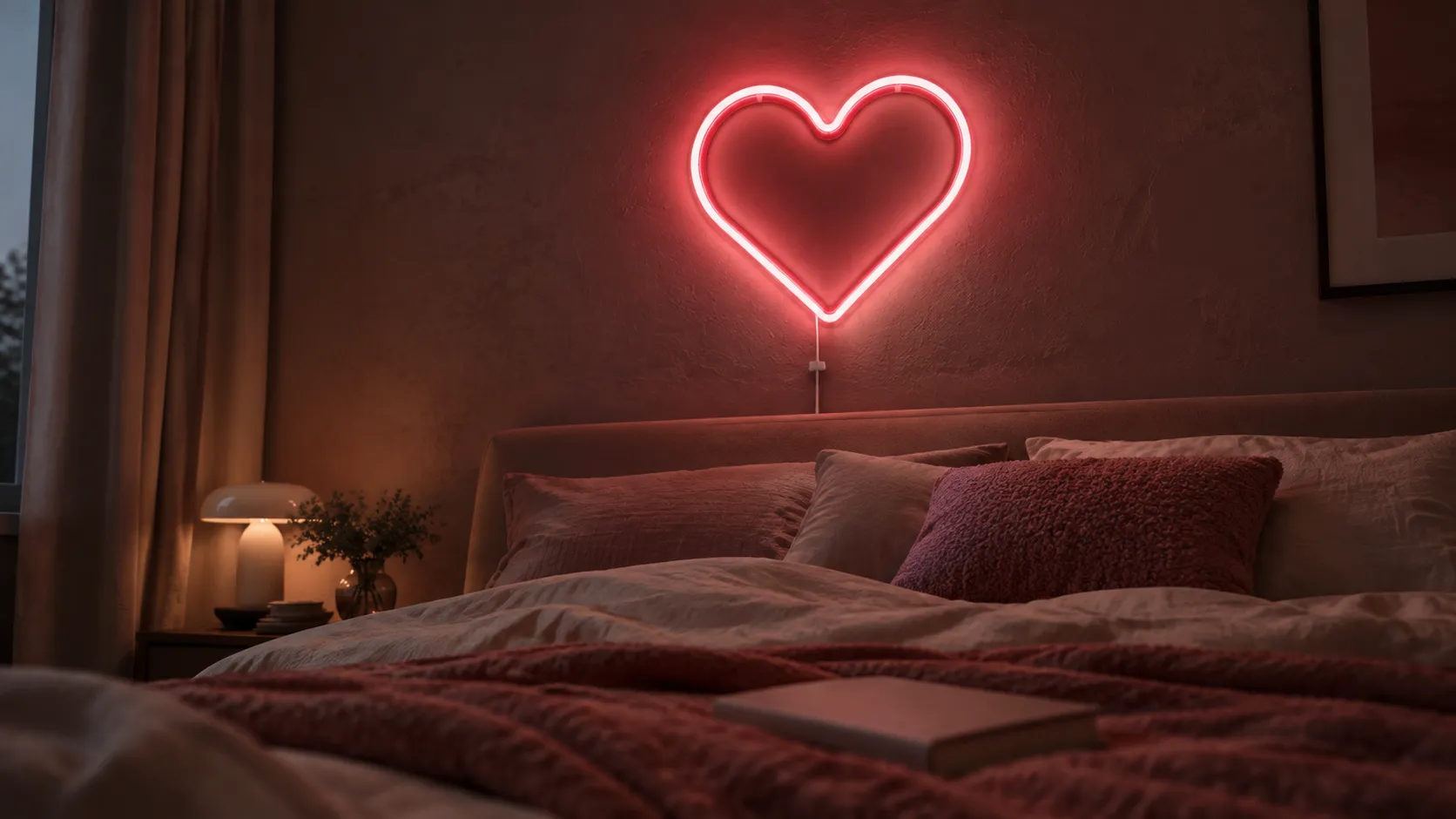 Pink neon heart wall light dimmed low above an upholstered headboard with its cable clipped flat down the wall