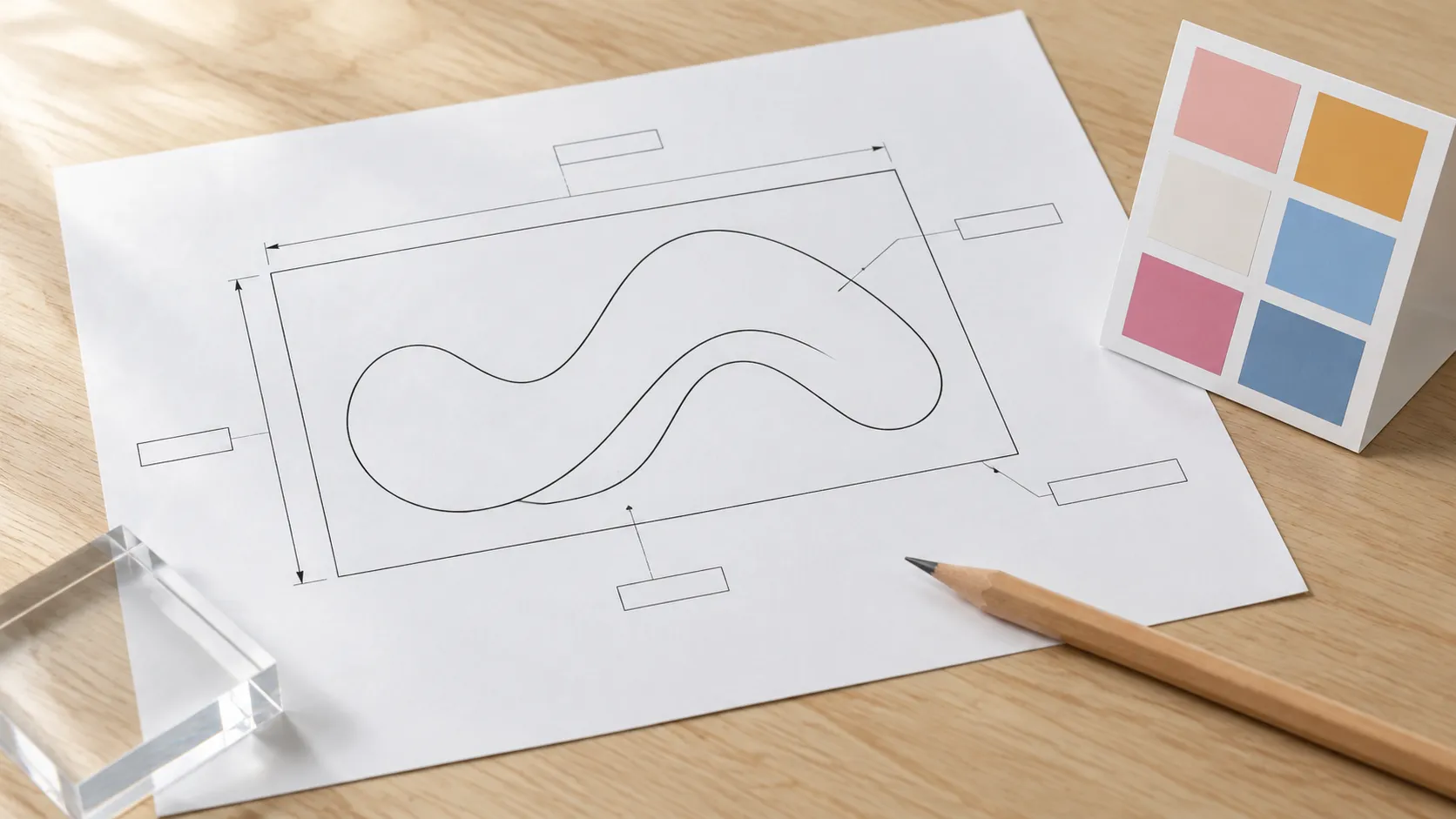 Printed artwork proof sheet with a line drawing of a sign and marked dimensions, beside a colour swatch card and a pencil