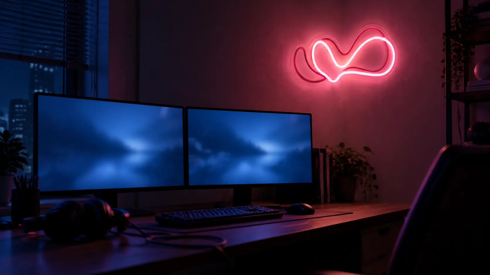 Pink abstract line neon wall light mounted high on the side wall of a dark desk setup with two monitors glowing below