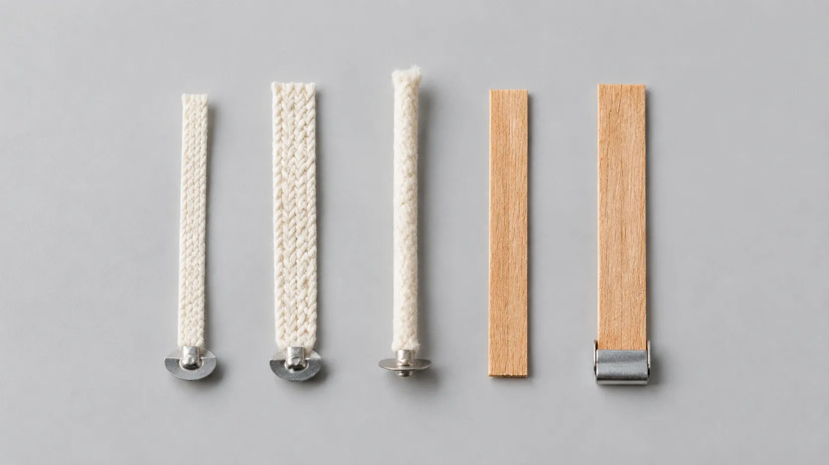 Flat braided cotton wicks, a zinc cored wick and two wooden wicks laid in a row on a pale studio surface
