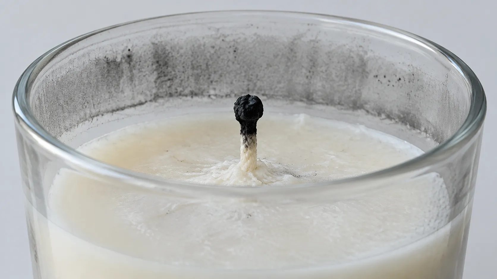 Close macro of a cold candle wick with a black mushroomed carbon tip and light soot shading on the inside of the glass