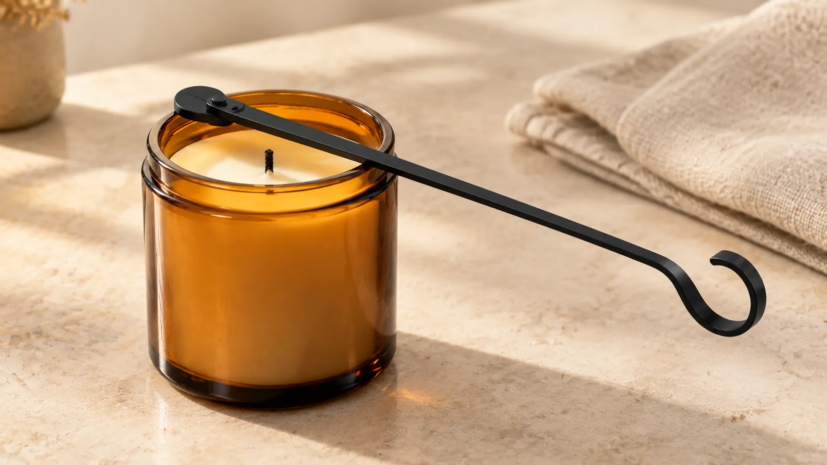 Hooked metal wick dipper resting across the rim of an unlit amber glass candle jar on a pale stone counter