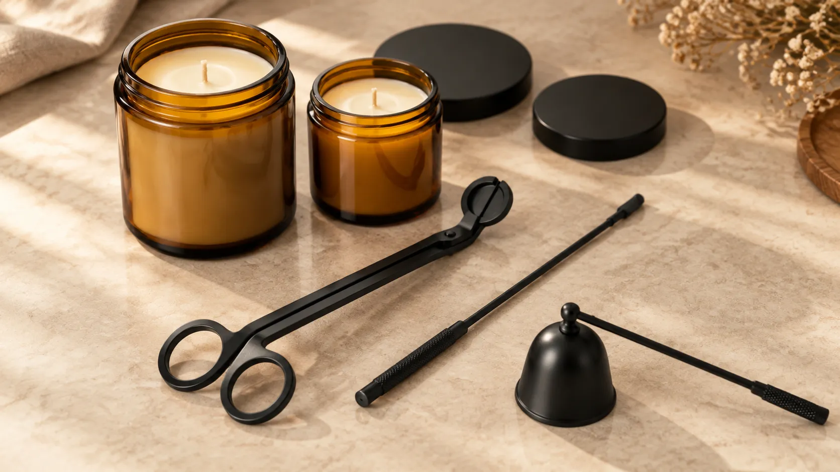 Three piece matte black candle care set, trimmer, hooked dipper and bell snuffer, beside two unlit amber glass soy jars