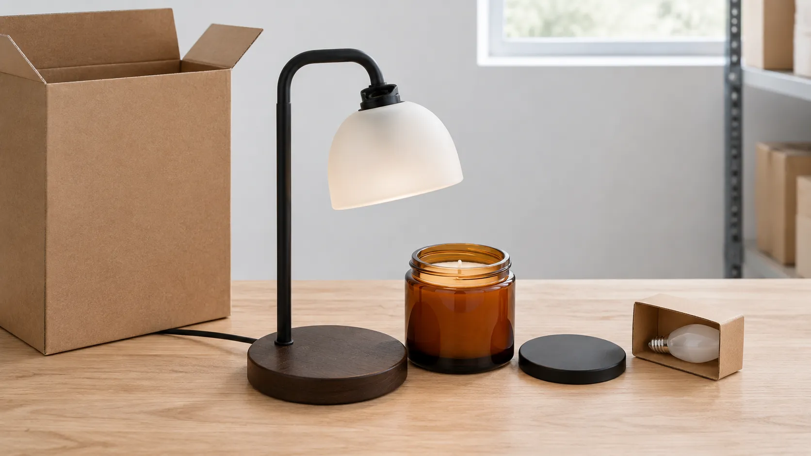 Candle warmer lamp lifted from its carton on a stockroom bench beside an unlit amber jar and a spare bulb sleeve