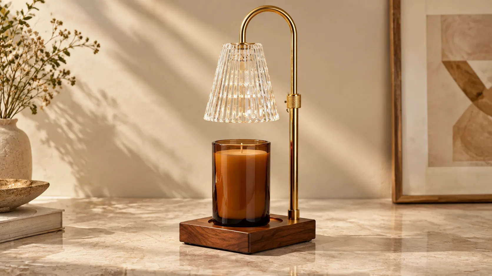 Adjustable wood-base candle warmer lamp with its stem raised, glass shade held above a tall unlit amber jar candle