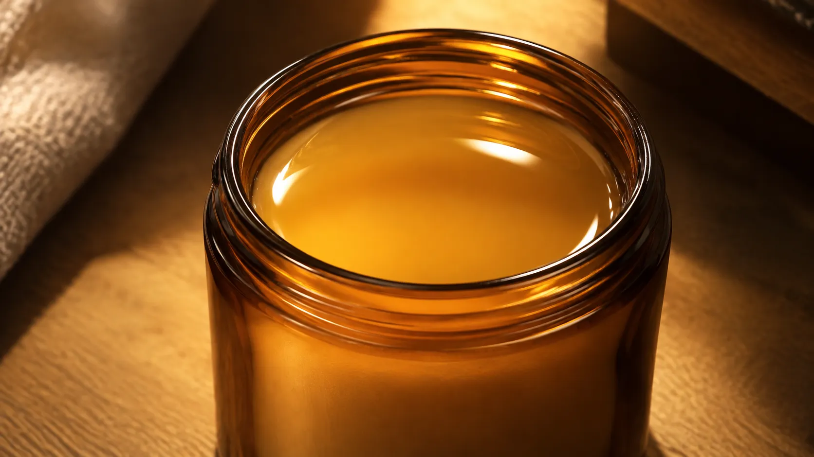 Overhead view of a shallow glossy melt pool on the surface of a wickless amber glass jar under a warm downward glow