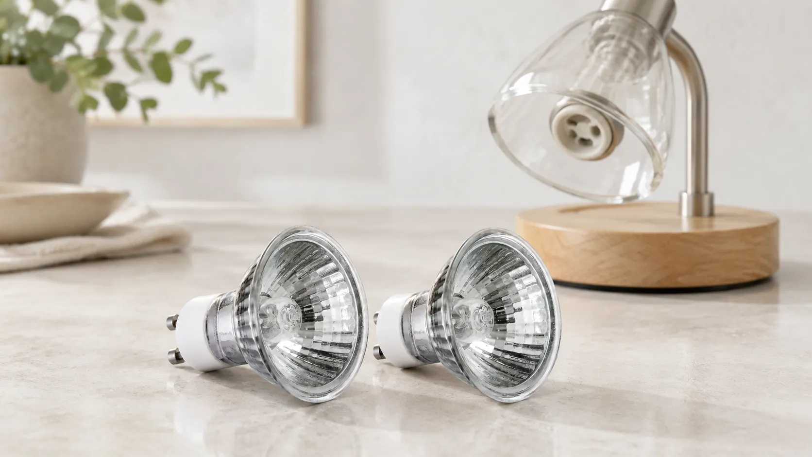 Pair of GU10 halogen replacement bulbs on a pale counter beside an unlit candle warmer lamp with its shade tilted back