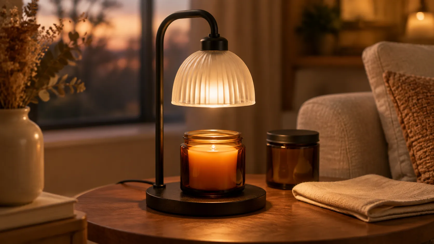 Wickless amber soy candle jar sitting under a glass-shade candle warmer lamp on a wood base on a home side table