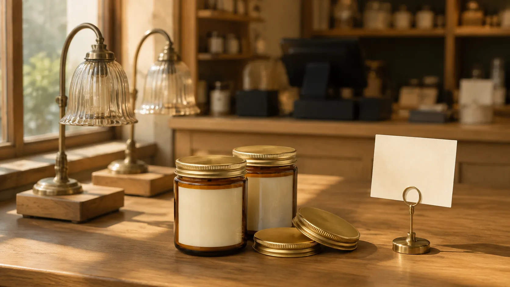 Shop counter with two unlit candle warmer lamps and a small blank card holder standing beside them in warm daylight