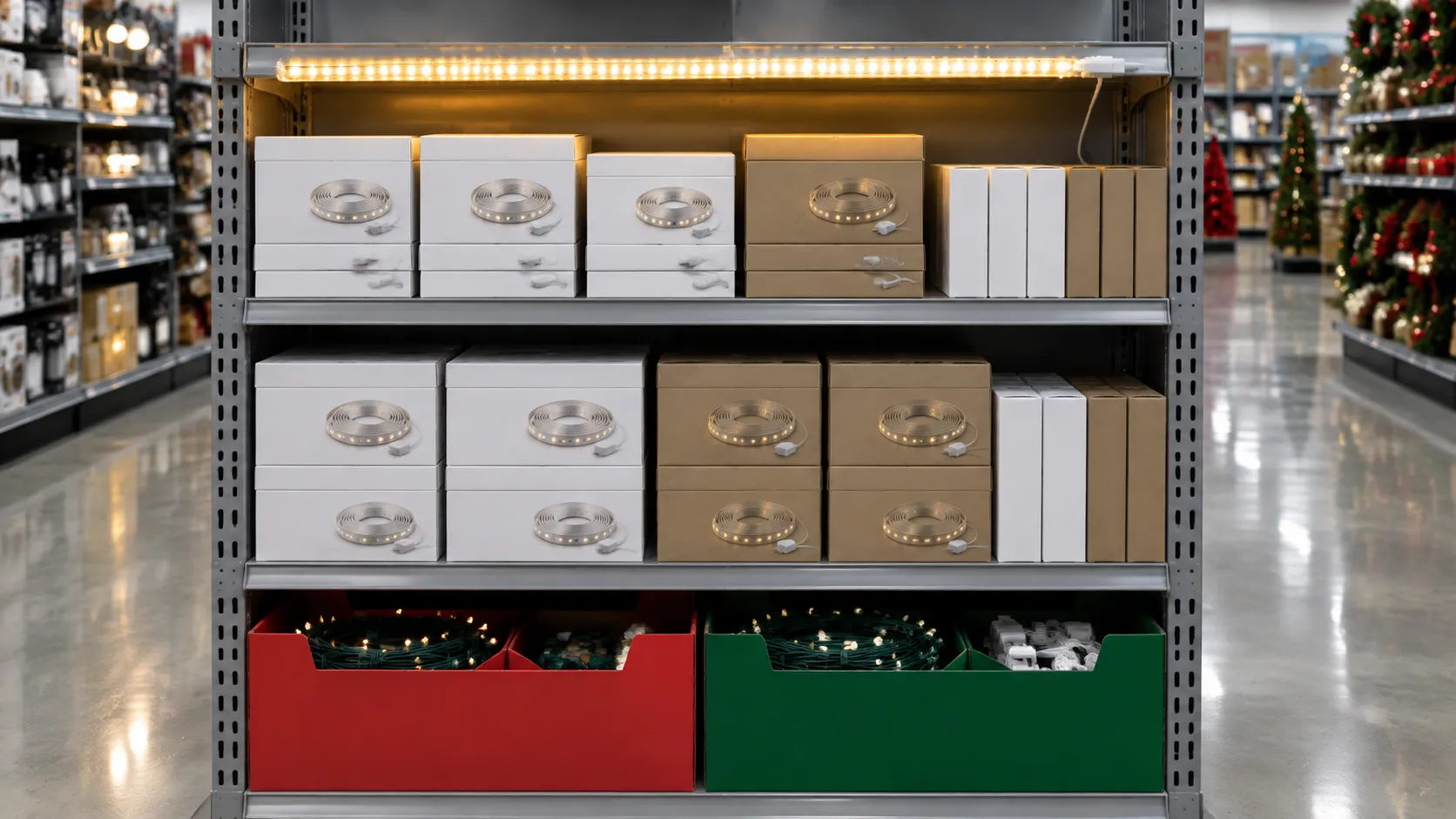 Seasonal lighting endcap in a hardware store with plain boxed LED strip kits and a lit demo run above the shelf