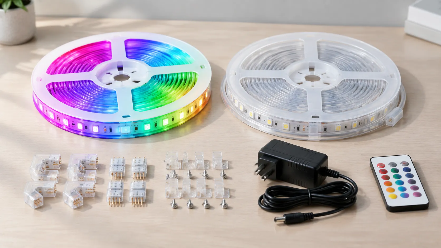 RGBIC music-sync LED strip reel and an outdoor waterproof LED strip reel laid out with connectors, clips and a plug-in supply