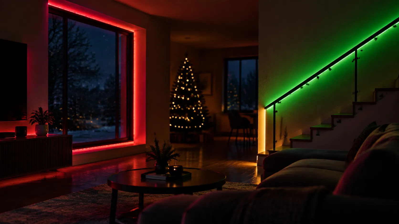 Living room window frame and stair rail at night outlined with a color changing LED strip cycling red, green and warm gold