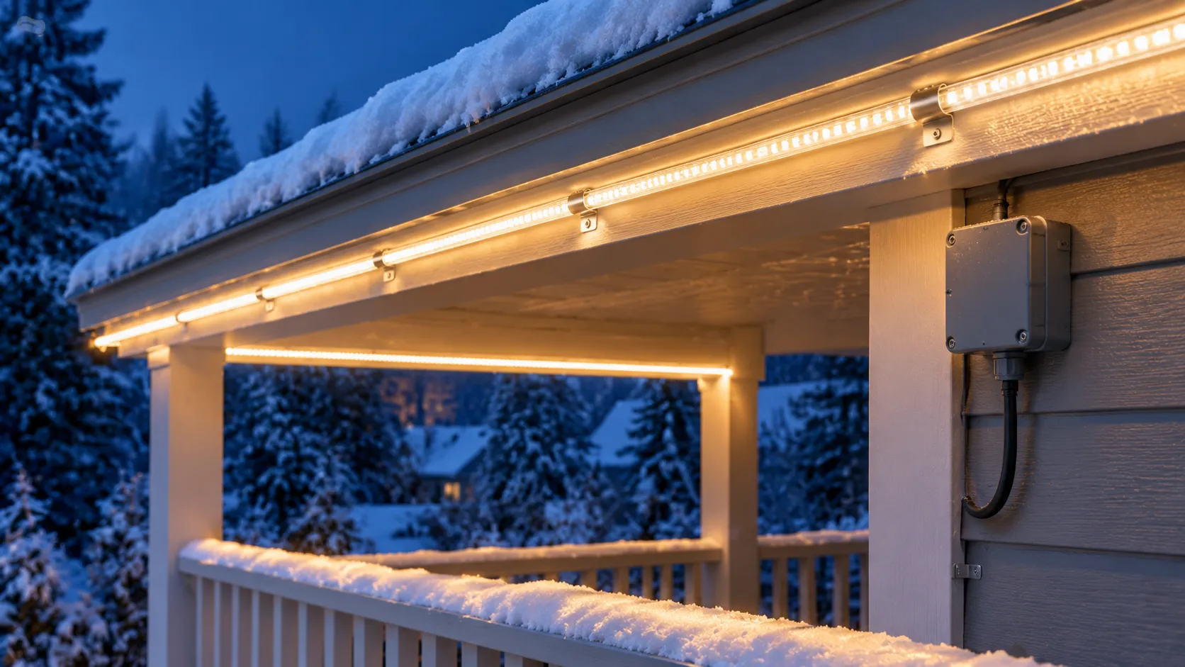 Snow-covered porch eave at night with an outdoor LED strip run along the fascia and a weatherproof supply enclosure below