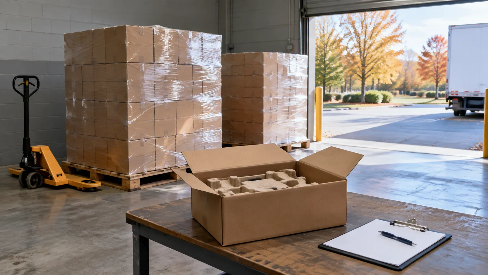 Retail receiving dock in autumn with pallets of plain cartons and one carton opened for a pack check