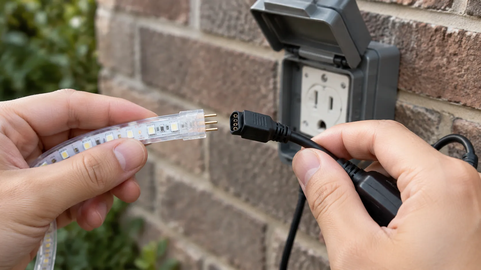Hands inspecting an LED strip connector and plug beside a weatherproof outdoor receptacle cover before installation