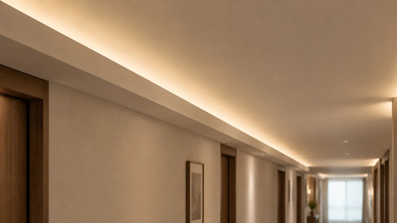 Ceiling cove in a hotel corridor washing the ceiling with warm light, the tape hidden behind a plaster fascia