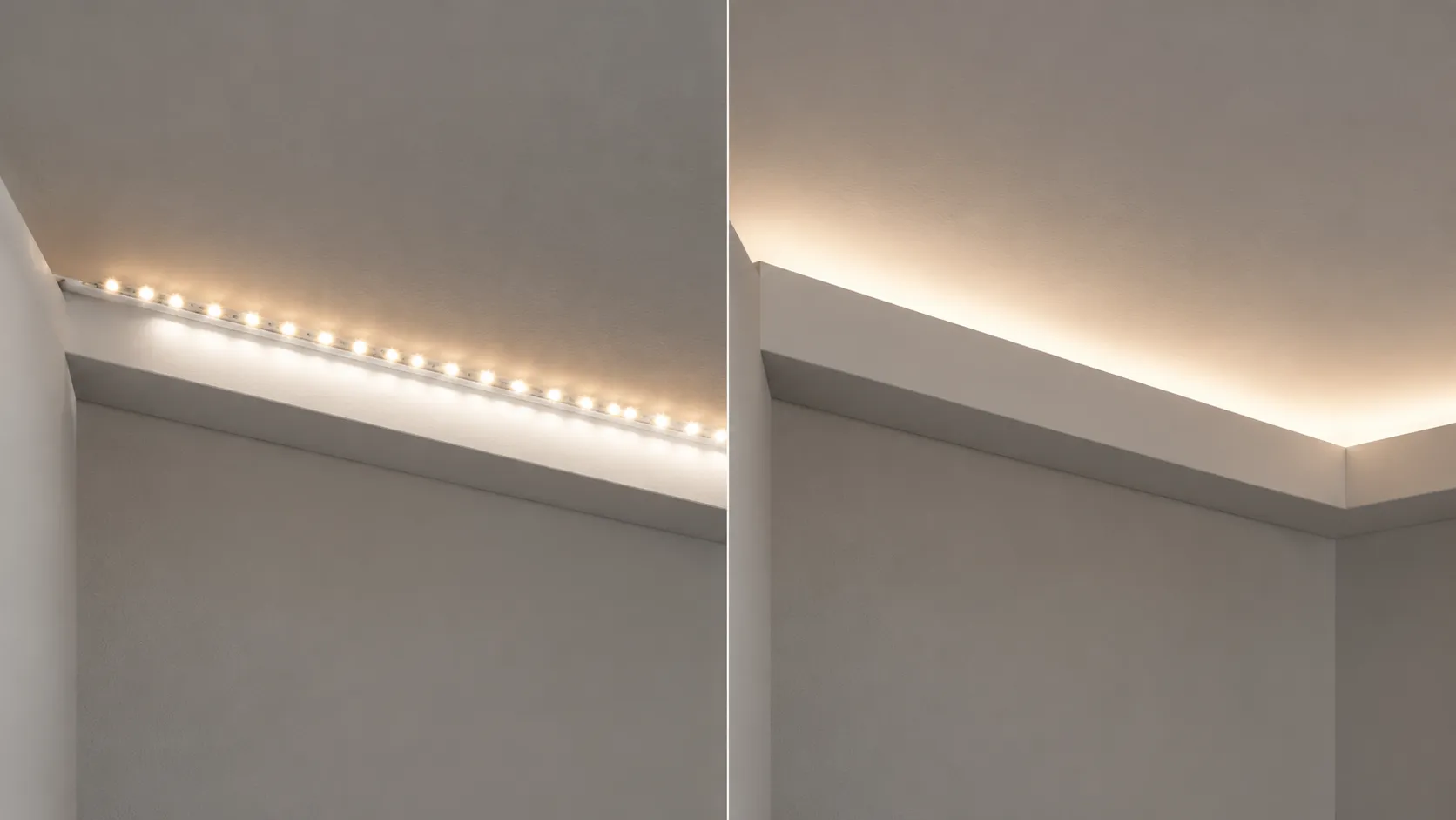 Two identical ceiling coves side by side, one showing a row of bright diodes over a low fascia and one clean